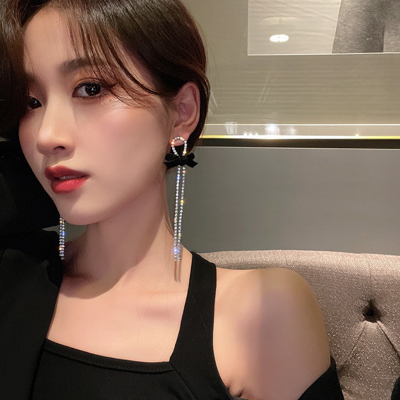 Busur Hitam glitter Berlian Berpohon Anting-Anting Aksesoris Telinga Pesta fashion Korea Wanita