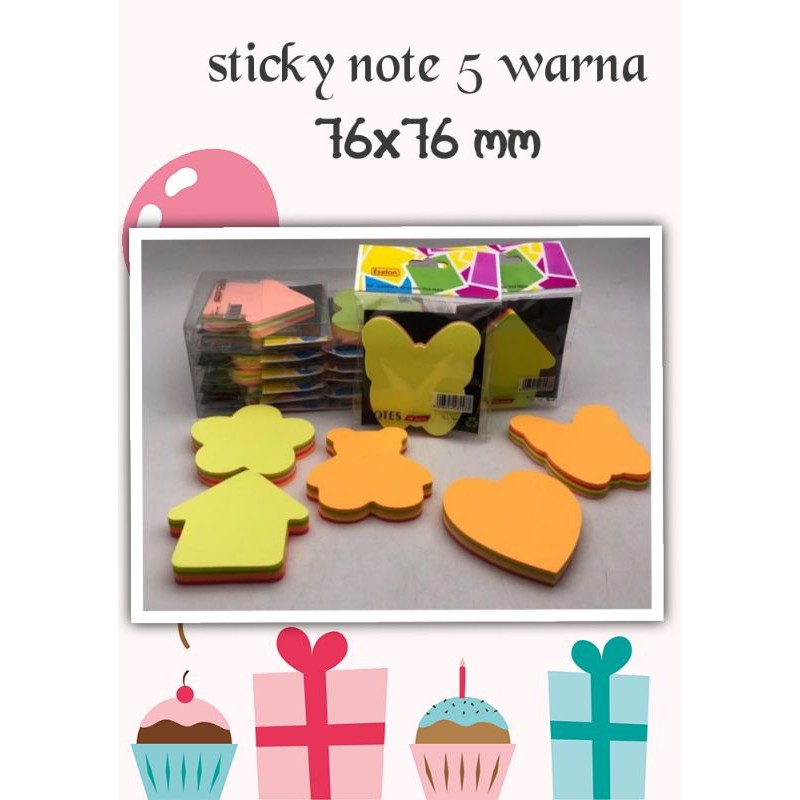 

sticky note, pembatas buku 5 warna. bentuk bermacam macam. 100 sheets