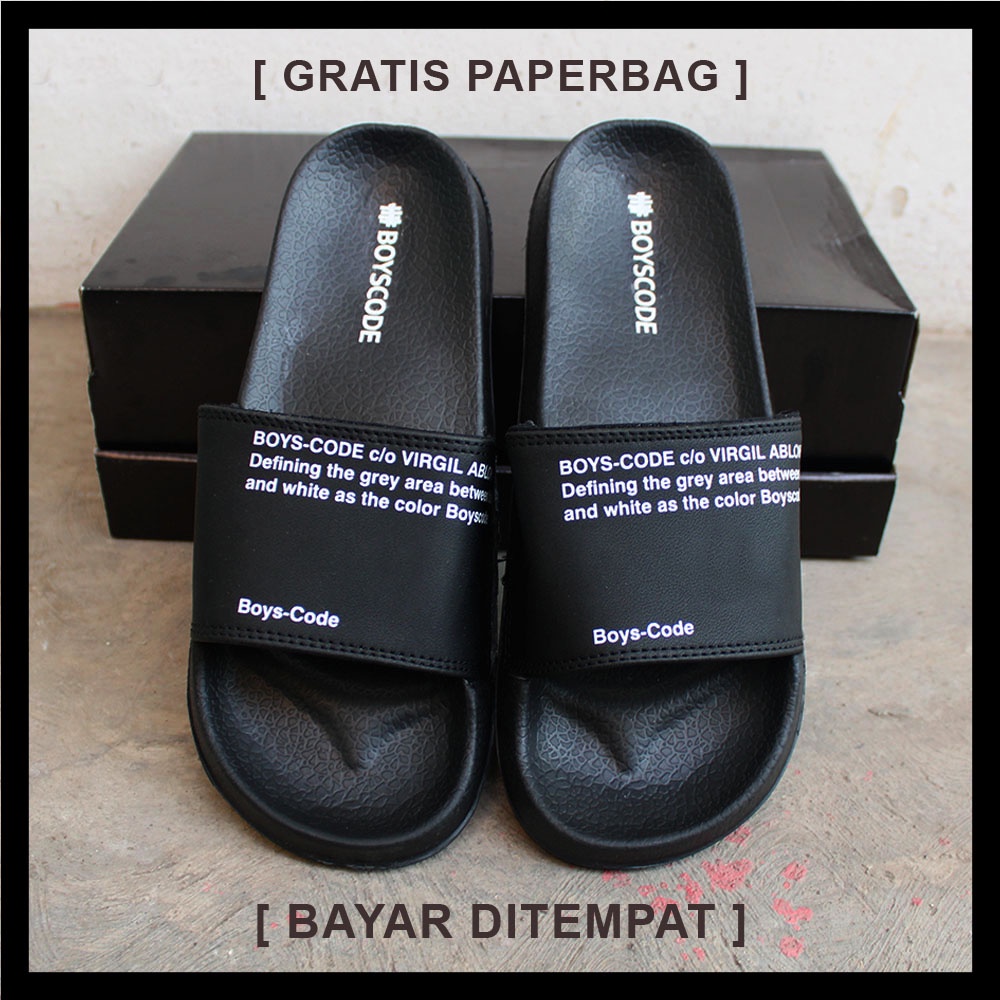 Sendal Slip On Pria Distro Terbaru Boyscode Tulisan Kecil Fullblack / Sendal Slide Pria