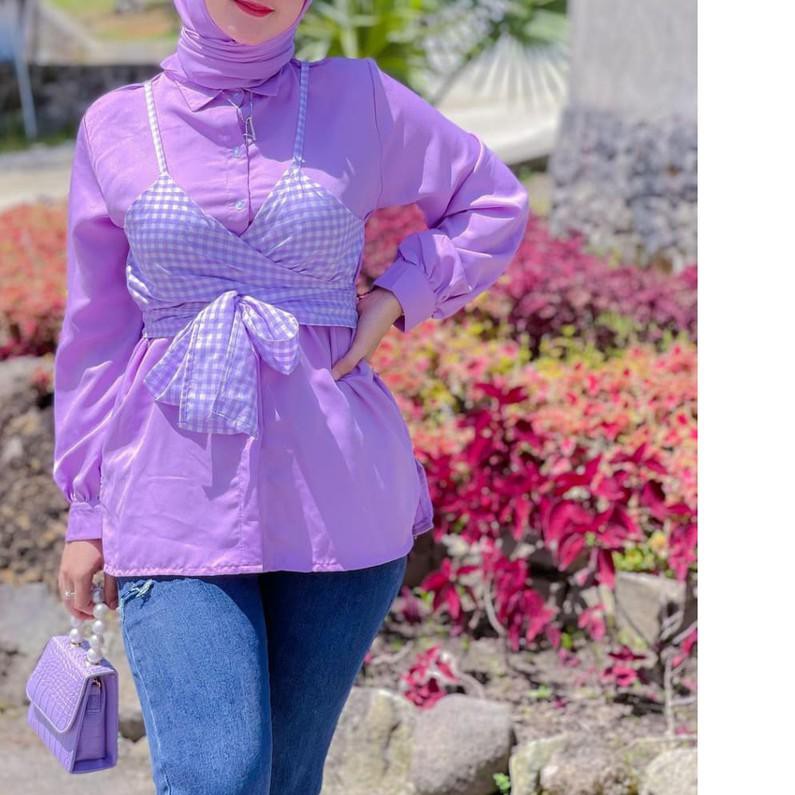 ☼ - Doli Tunik Atasan 2in1 Free Rompi Katun Kotak Lilac Muslim Wanita ➹
