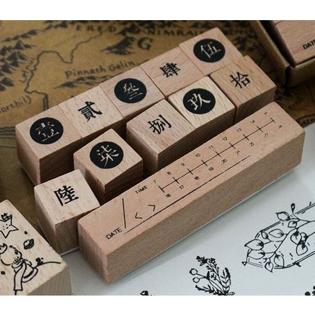 Wooden Rubber Stamp Chinese Date &amp; Time - Stempel Pola Waktu (11pcs)