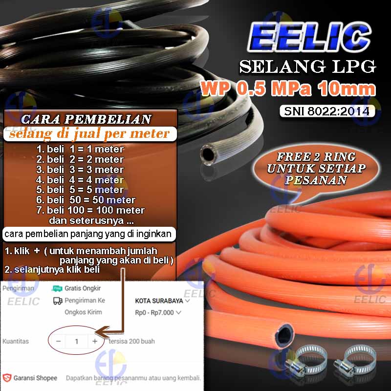 EELIC Selang gas lpg panjang 1 meter diameter dalam 10mm WP 0.5 WPa