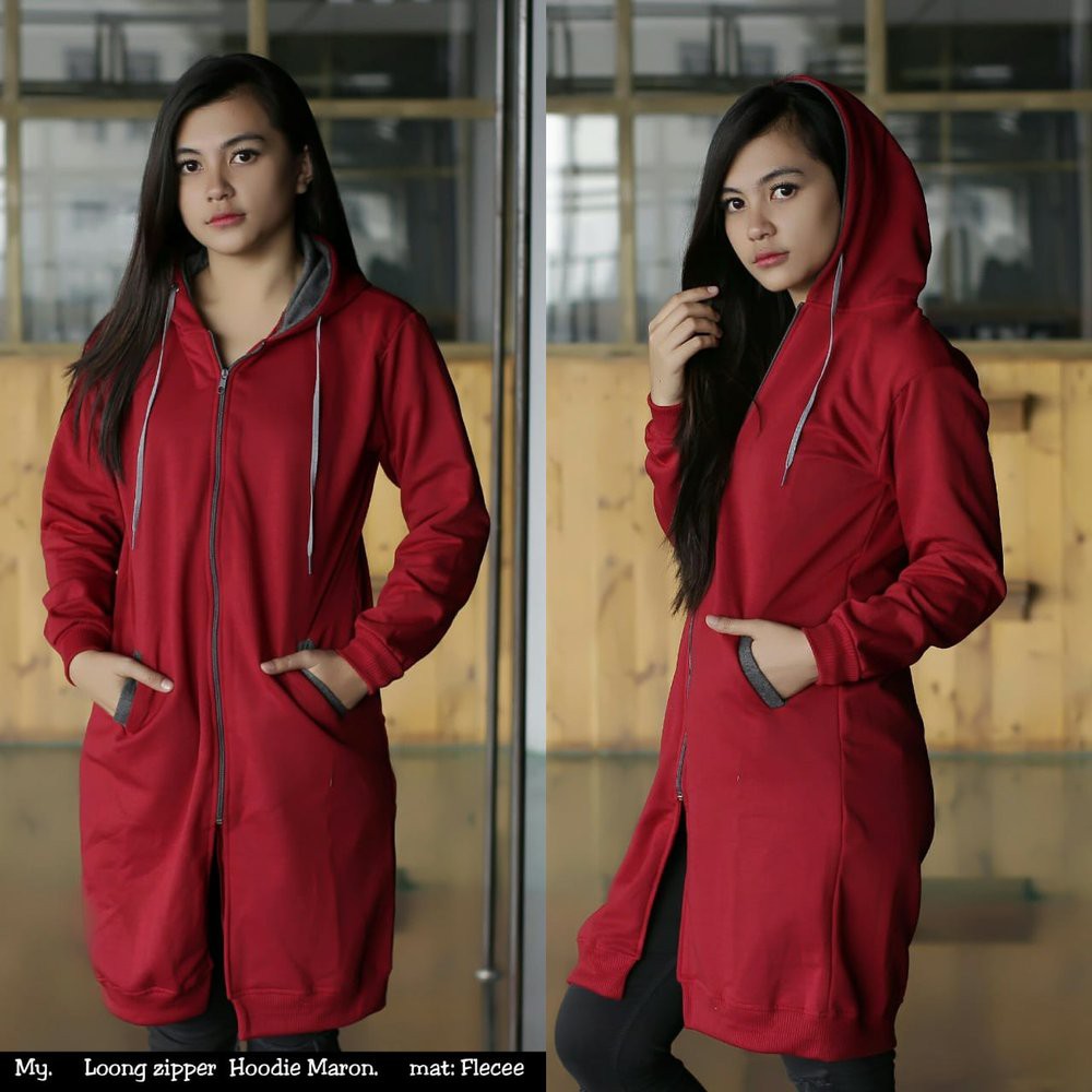 Hijaket Wanita Long Zipper Hoodie Murah