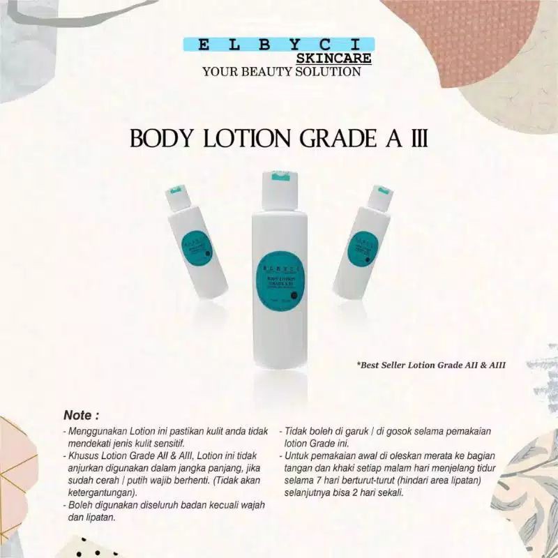 LOTION GRADE A lll ELBYCI SKINCARE PEMUTIH BADAN BPOM AMAN