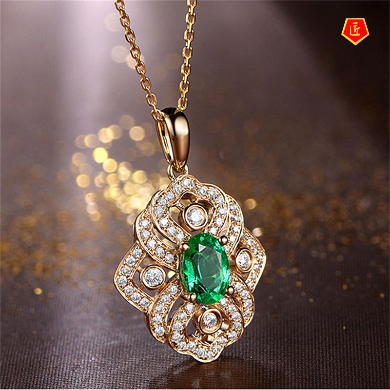 [Ready Stock]Flower Gem Pendant 18K Gold Necklace Female Temperament Noble