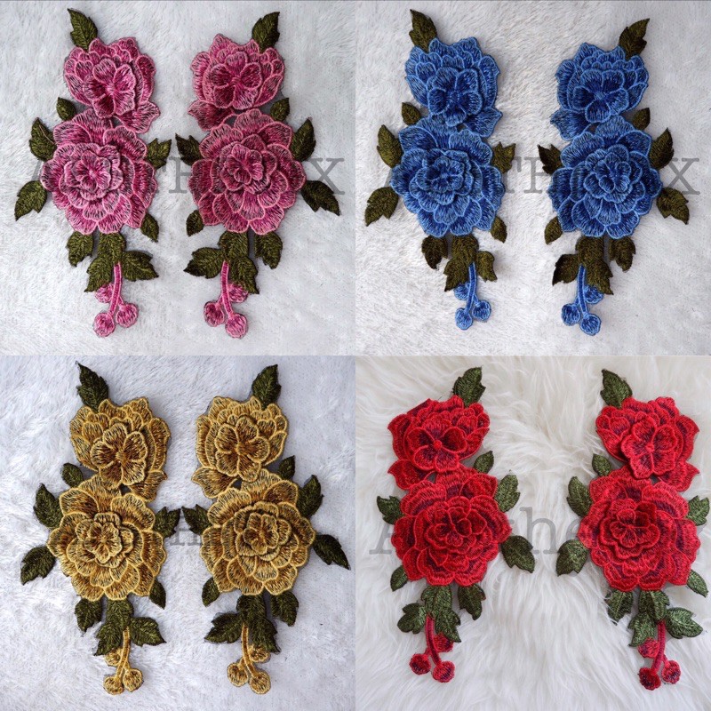 EHG018 Embroidery Sepasang Bunga Merah Patch Bordir Lace Bordiran Renda Tempelan Baju Bordir 3D