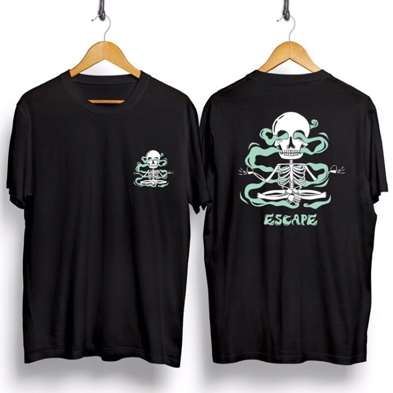 BAJU KAOS T SHIRT ATASAN DISTRO PRIA WANITA GAMBAR BELAKANG TENGKORAK SKULL SMOKE ESCAPE MURAH HITAM