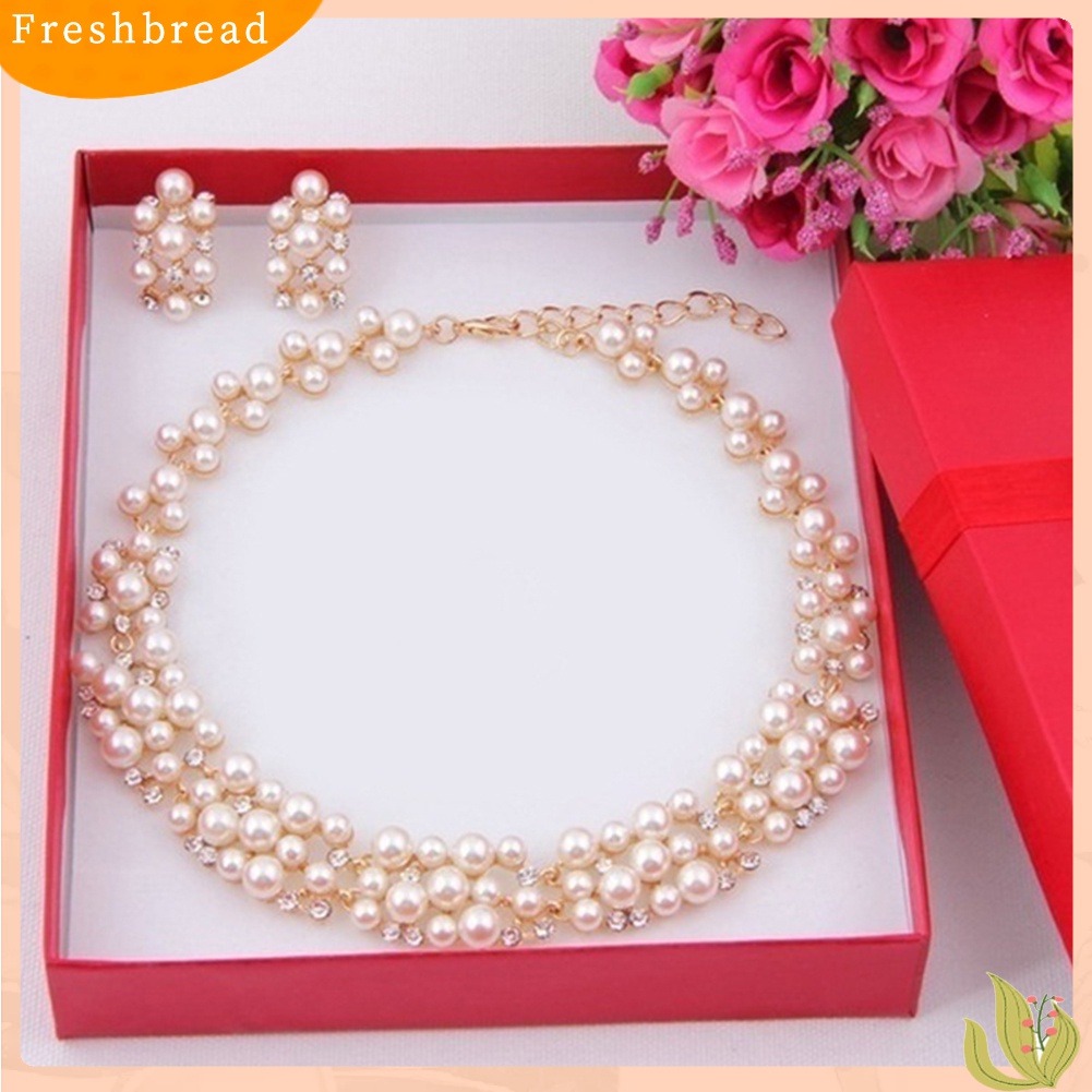 Terlaris 2Pcs Women Fashion Faux Pearl Rhinestone Inlaid Necklace Earrings Jewelry Set