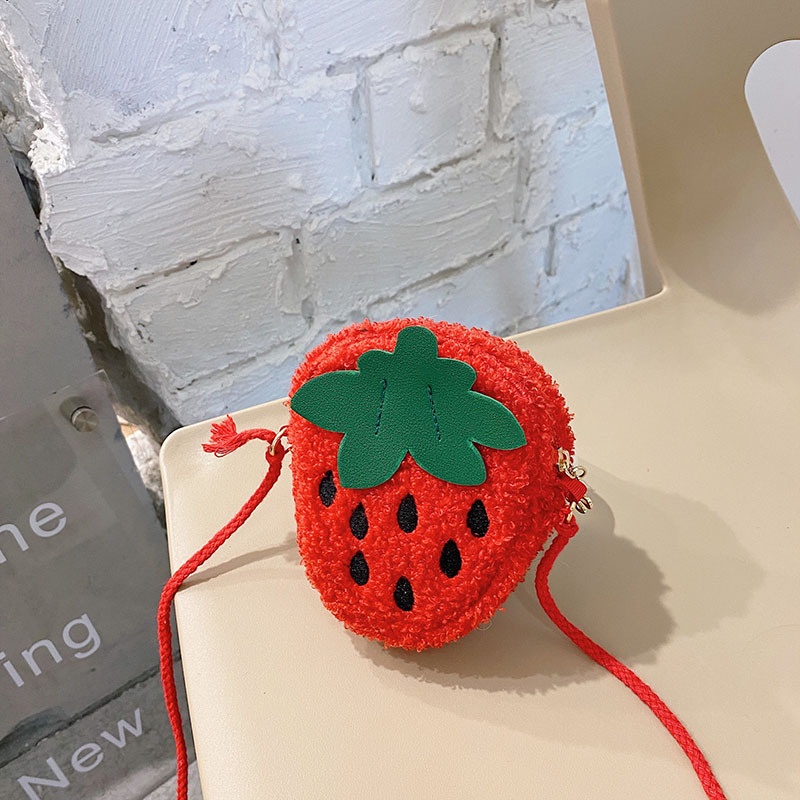 HappyOliver STRAWBERRY FUR BAG tas import resleting model hand bag anak perempuan