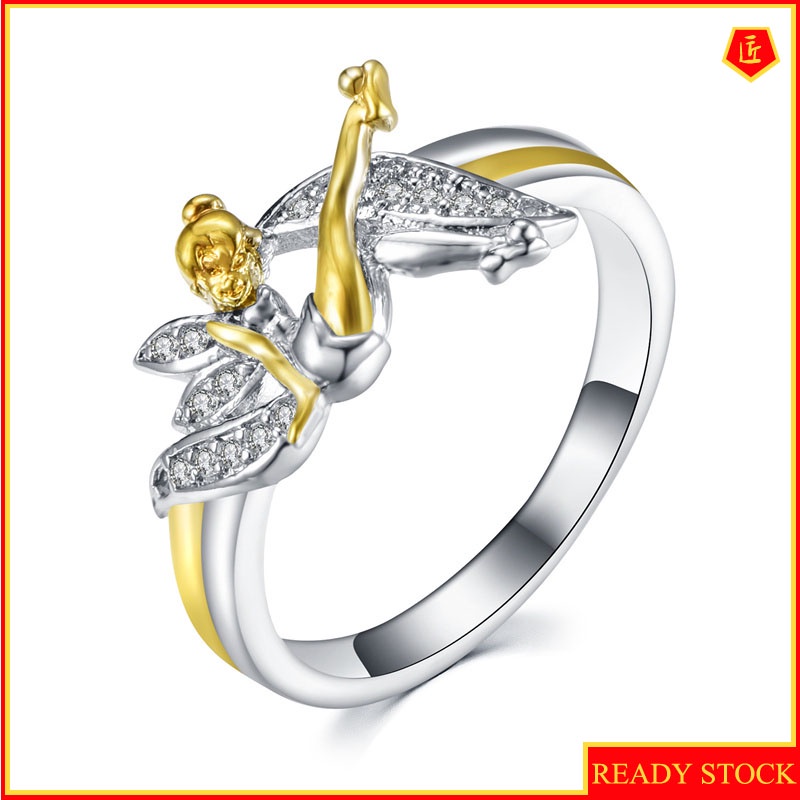 [Ready Stock]Golden Angel Silver Ring Women's Diamond-Embedded Cute