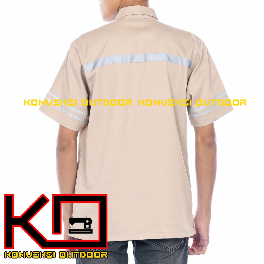 KEMEJA WEARPACK BAJU SAFETY K3 OUTDOOR INDOOR - Seragam Kemeja Kerja Lapangan Lengan Pendek Proyek Bangunan Tambang Alat Berat PLN Enginer Instalasi Mesin werpek sefti Scotlit Warna Cream Konveksi Outdoor