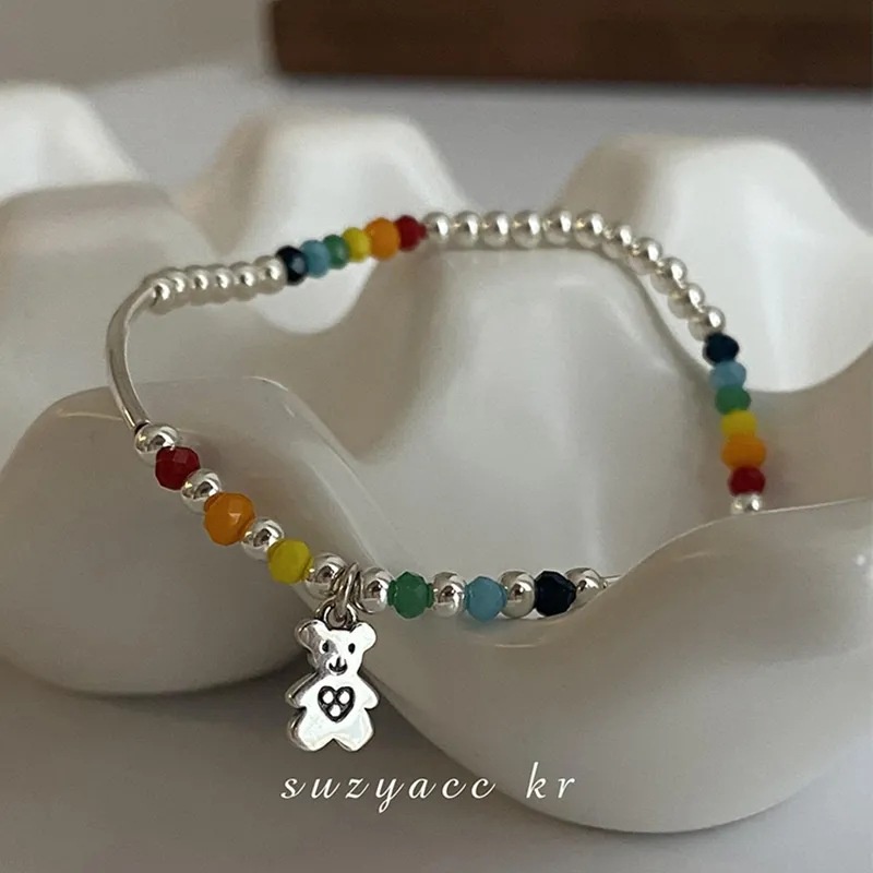 Gelang Manik-Manik Elastis Desain Beruang Hati Smiley Warna Pelangi Gaya Korea Untuk Wanita