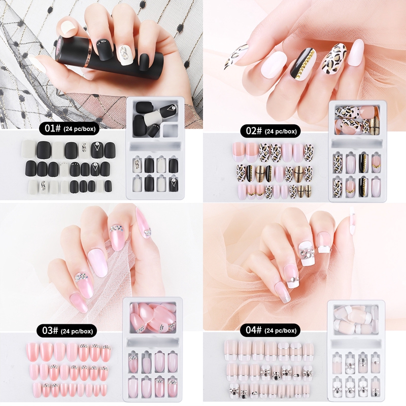 24 Pcs Kuku Palsu Full Cover Aksen Berlian Imitasi Untuk Nail Art