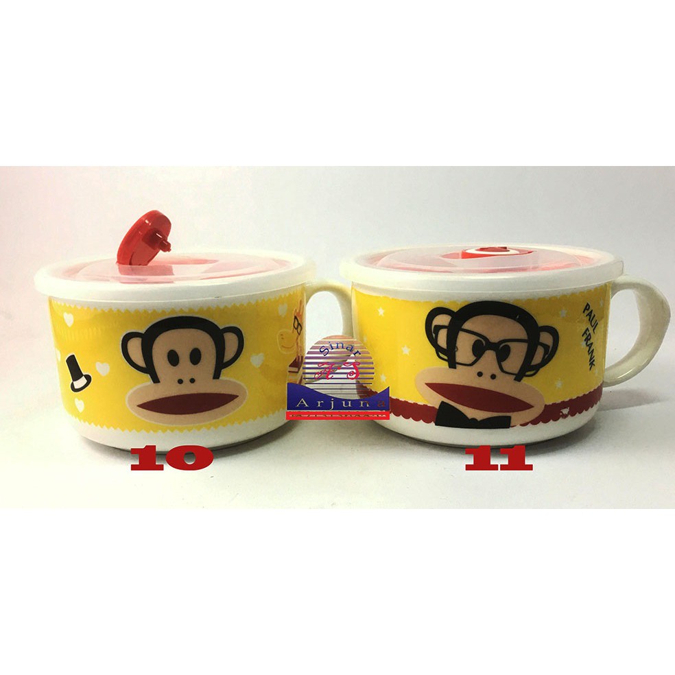 mug mangkok keramik  karakter lucu doraemon minion tempat bakso dan mie tutup srikon