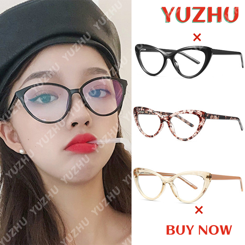 (YUZHU) COD New Fashion Spring TR90 Cat Eye Black Frame Kacamata Anti Biru Untuk Wanita