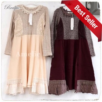 HOT Dress Import Long Rajut Midi Lengan Panjang Lace Brukat Korea Jepang Wanita Murah