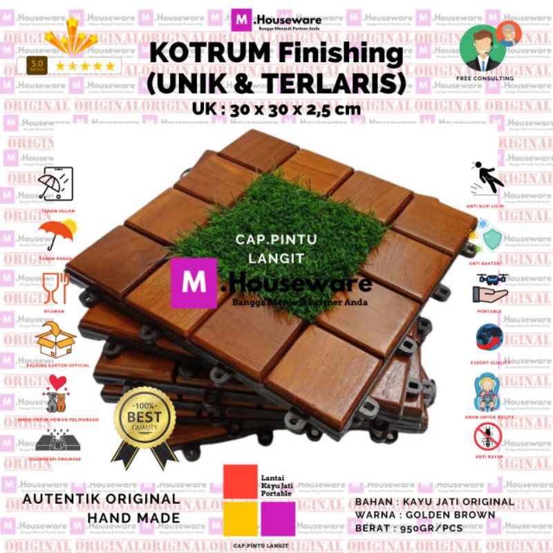 Lantai Kayu Jati MOTIF KOTRUM / Decking Tile Motif kotak mix rumput sintetis uk 30x30cm