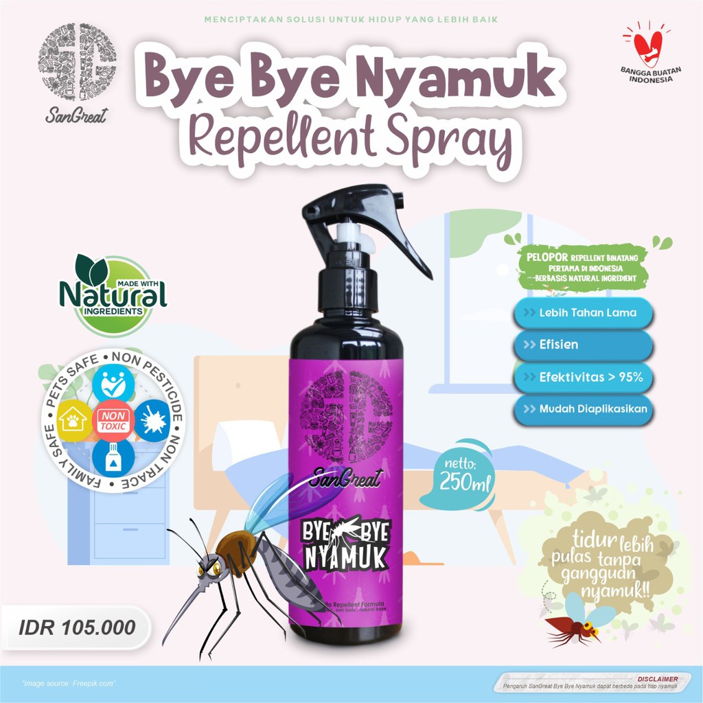 Semprotan anti nyamuk untuk bayu, balita, anak-anak anti nyamuk untuk bayi balita anak-anak  bentuk spray  non pestisida essential oil aman dari SanGreat Bye Bye Nyamuk 250 ml