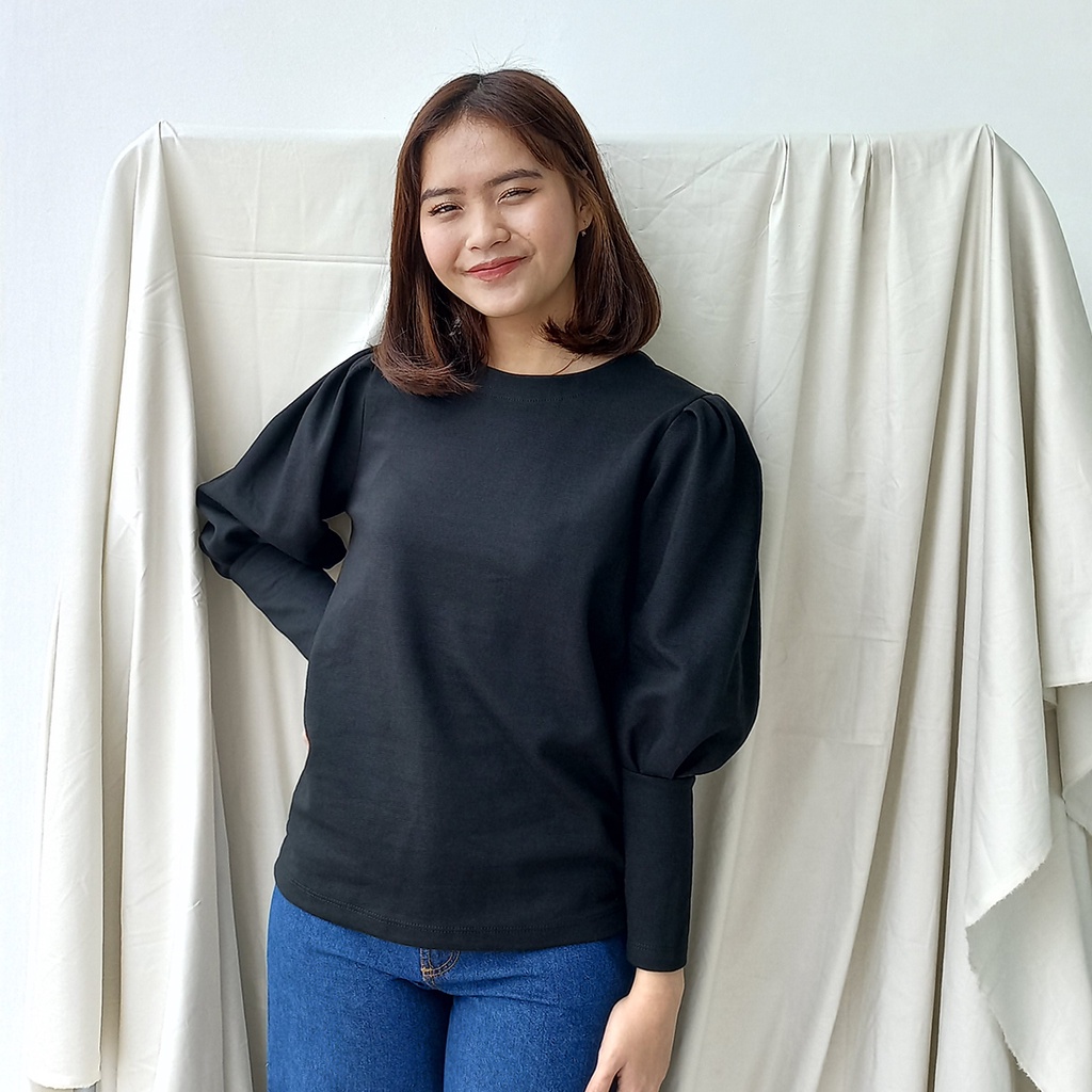 Isla Nerea Top Basic - Blouse Wanita Lengan Balon - Textured Cotton-BLACK