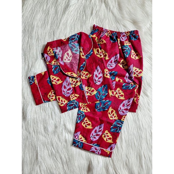 Baju Tidur Piyama Wanita/Cewek Pajamas Dewasa Katun Motif Daun Janbol PP Lengan Panjang Kekinian