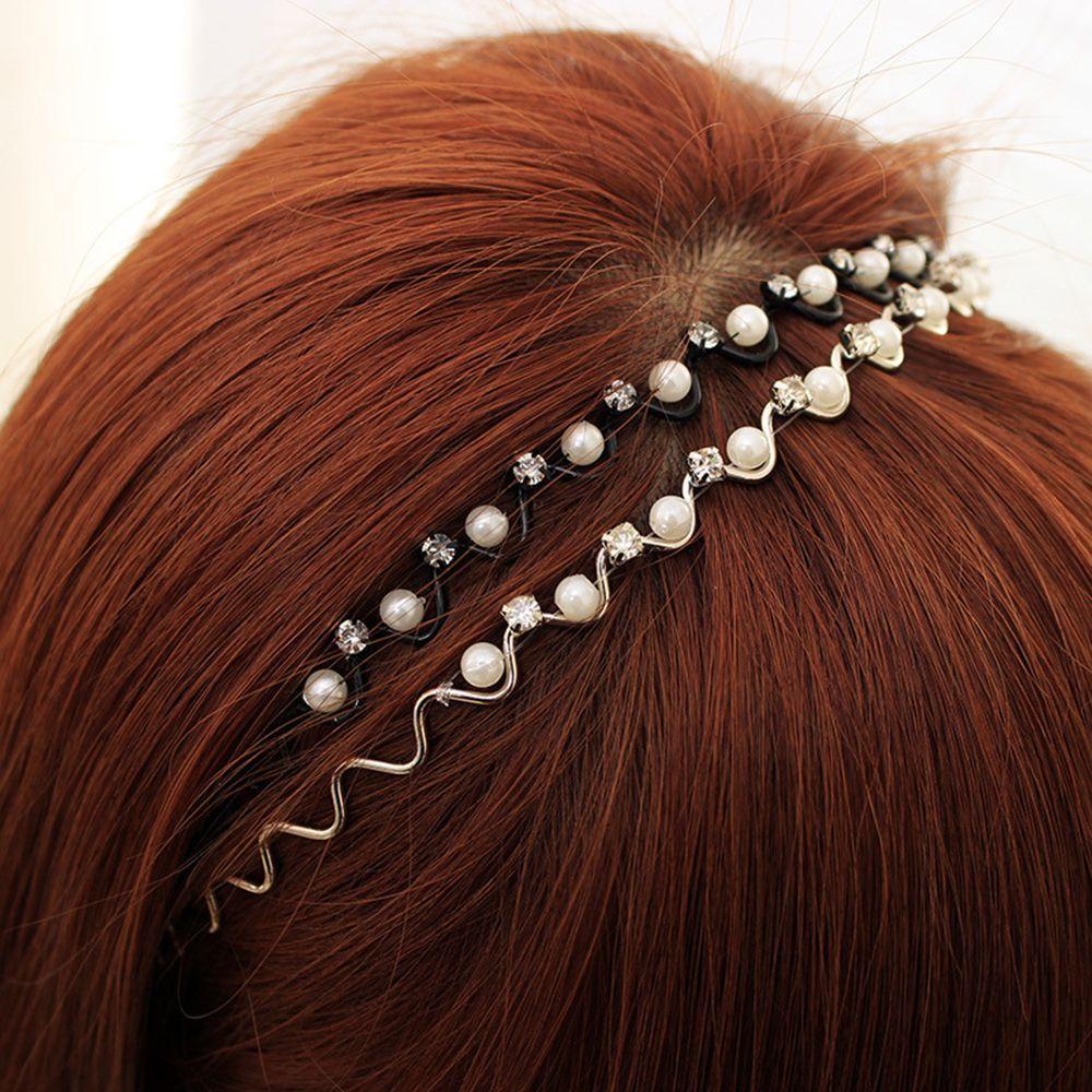 NEEDWAY Mutiara Kristal Gelombang Hairband Hadiah Aksesoris Pesta Kepala Rantai Berlian Imitasi Bling Headband Metal