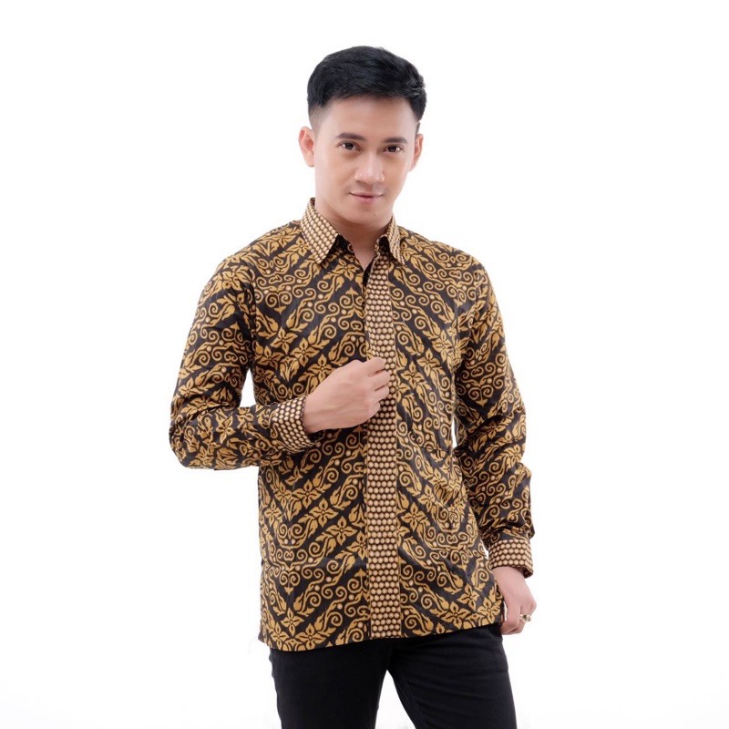 Batik Pria Lengan Panjang BATIK AZMIL HRB026 motif KERATONAN Kode 002 size M L XL XXL Reguler-Unter coklat