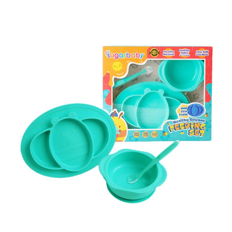 Sugar Baby Healthy Silicone Feeding Set - Mangkok + Piring + Sendok Silikon (Isi 3)