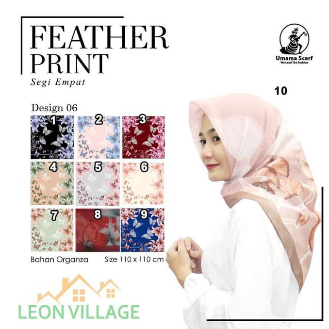 Kerudung Feather Print A6 Umama Hijab Jilbab Organza Segi Empat Motif