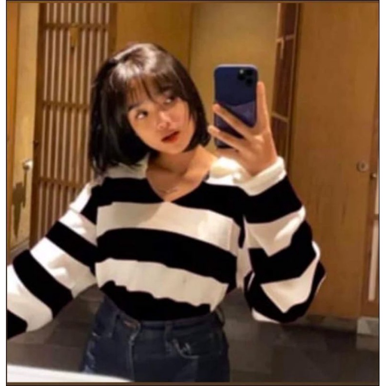 CROP RAJUT ALDA STRIPE READY GARIS OVERSIZE | BLOUSE RAJUT MOTIF GARIS