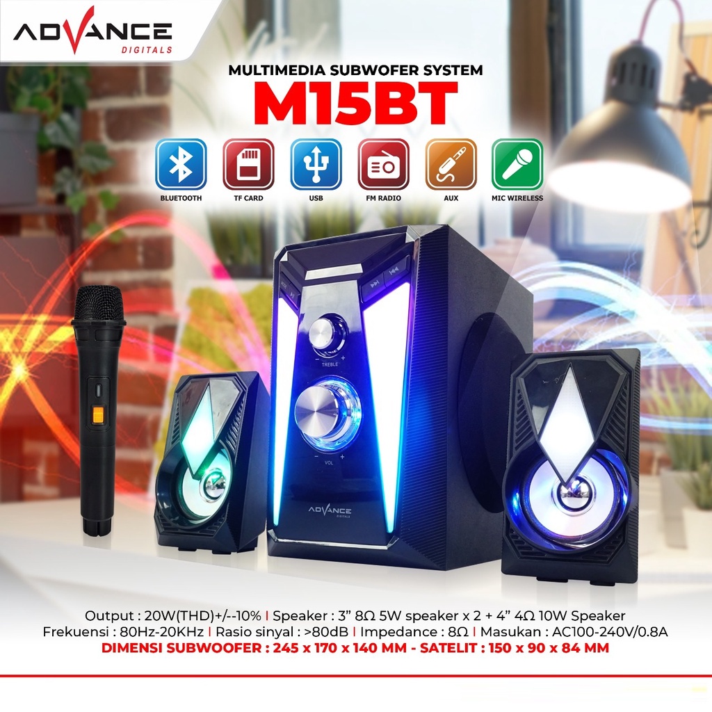 Advance Digitals M15BT Speaker Stereo Bluetooth Xtra Bass Subwoofer Garansi Resmi 1 Tahun Bisa Karoke Gratis Mic