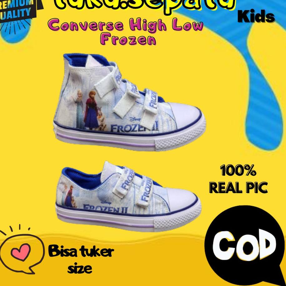 Limited - Sepatu Anak Cewek Perempuan Converse karakter frozen High Low Sneaker Velcro Umur 3 4 5 6 