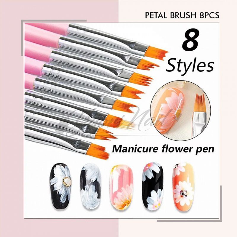 Petal brush set 8pcs nail art brush kuas nail art painting brush kuas kelopak