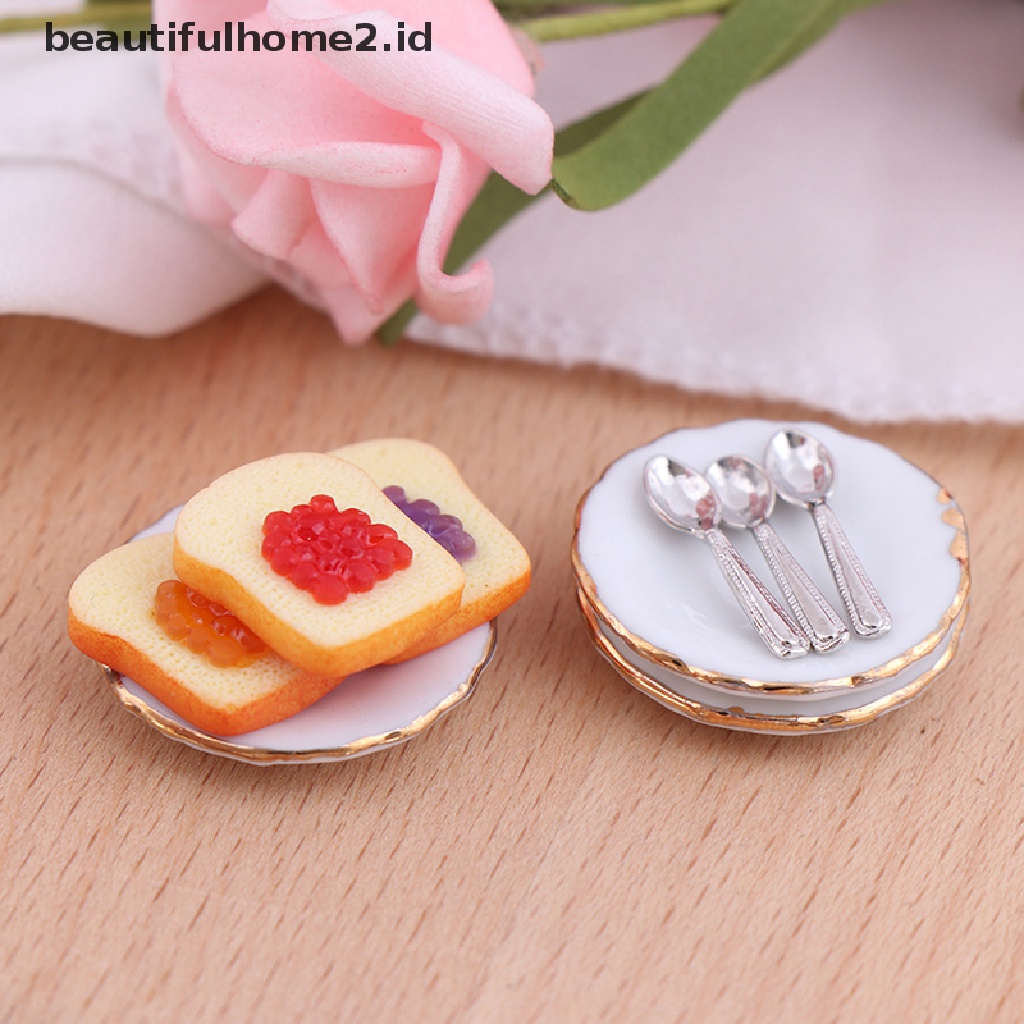 (Beautifulhome2) Buku Literatur Bahasa MandarinId 3pcs / set Mainan Miniatur Piring + Sendok Roti Skala 1: 12 Untuk Dekorasi Rumah Boneka