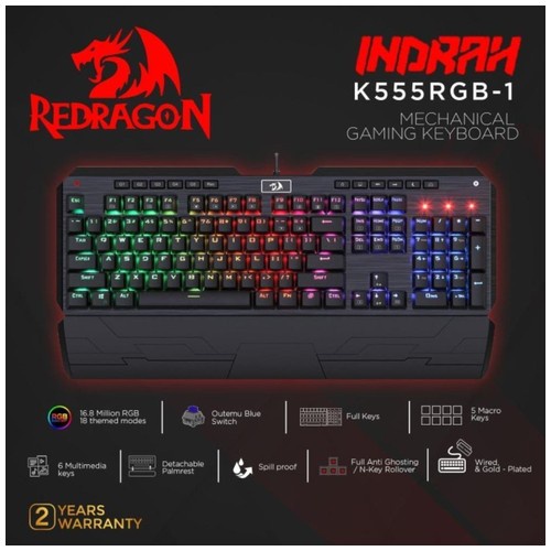 Keyboard gaming redragon mechanical wired usb 2.0 multimedia fullsize macro rgb indrah k555 k555rgb