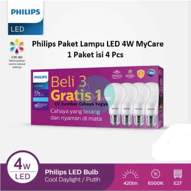 Philips Paket Lampu LED MyCare 4W Putih Bulb (Isi 4 Pcs) 6500K 4 Watt