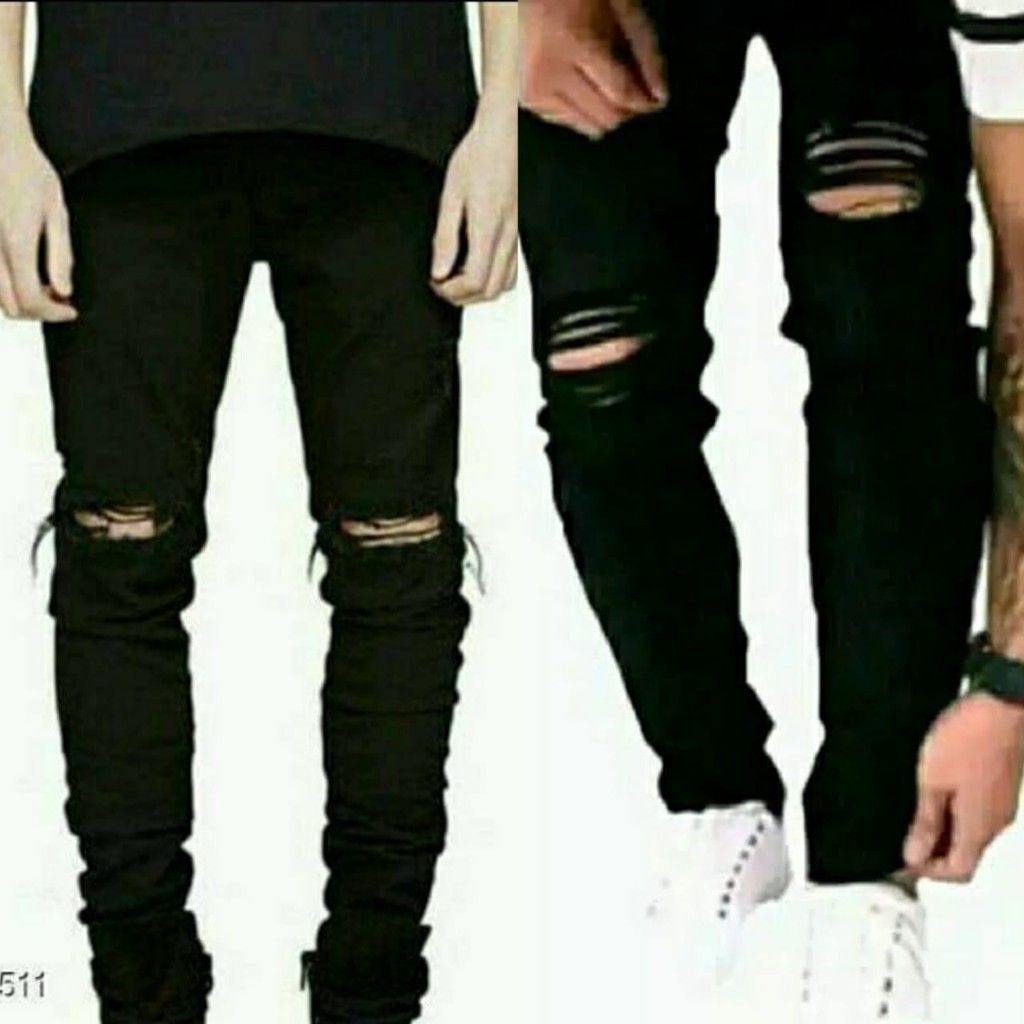 Jeans Pensil Stretch Sobek Hitam Pekat Untuk Pria