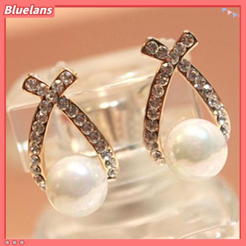 Bluelans Anting Tusuk Wanita Desain Salib Hias Mutiara + Berlian Imitasi Untuk Pernikahan / Hadiah