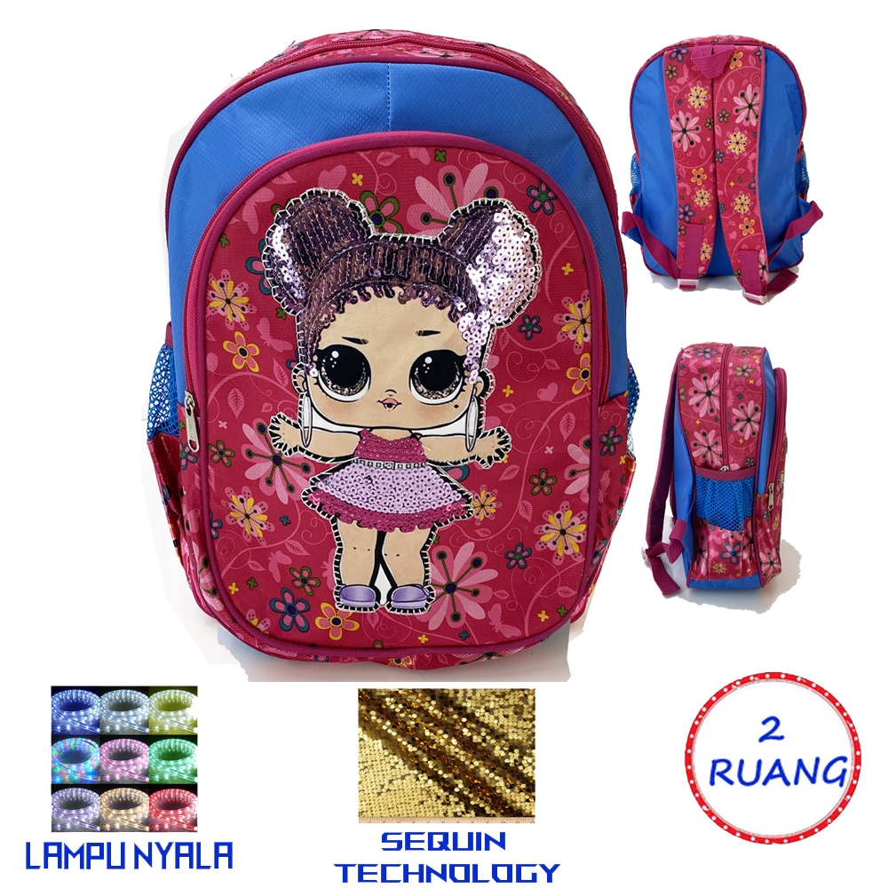 Tas Sequin + LAMPU LED Tas ransel sekolah anak sequin + lampu LED LOL IRONMAN SPIDERMAN CAPTAIN AMRIKA