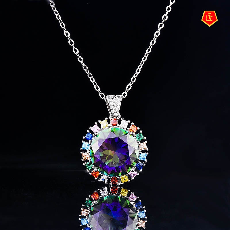 [Ready Stock]10 Karat Shiny Diamond Pendant Luxury Colorful Gemstone Necklace for Women