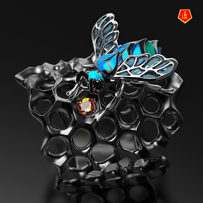 [Ready Stock]Creative New Blue Bee Honeycomb Ring Exaggerated Punk