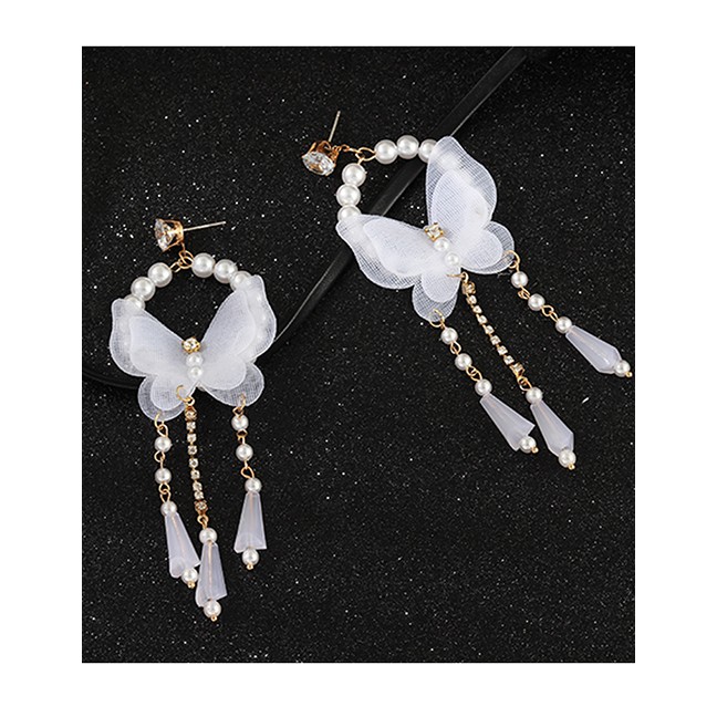 LRC Anting Tusuk Fashion White Mesh Butterfly Artificial Crystal Tassel Earrings D34668