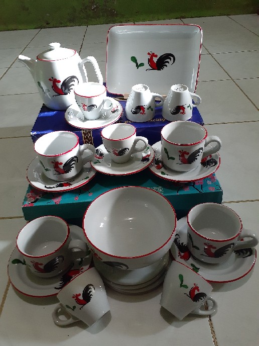 Teko Set Motif Ayam Jago Seri 2 / 1 Teko+tutup / 4 Cangkir+saucer