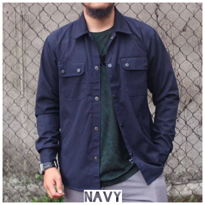 Jaket Kemeja Lengan Panjang Semi Parka Pria Navy Army Marun M L XL Outer Pria Kemeja Canvas Hem Pria