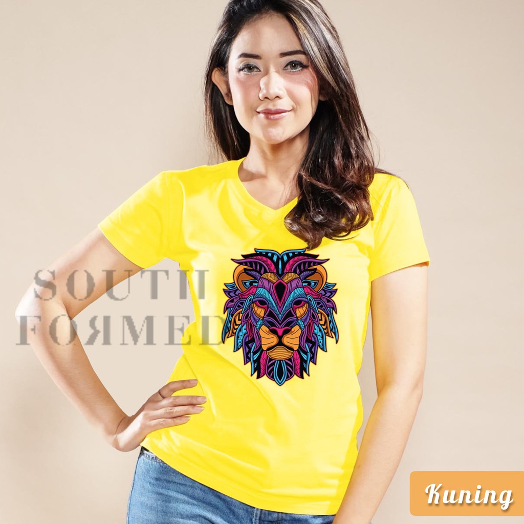 SOUTH FORMED COLORFUL LION KAOS V NECK / O NECK KATUN PREMIUM ADEM WANITA / CEWEK MOTIF / GAMBAR