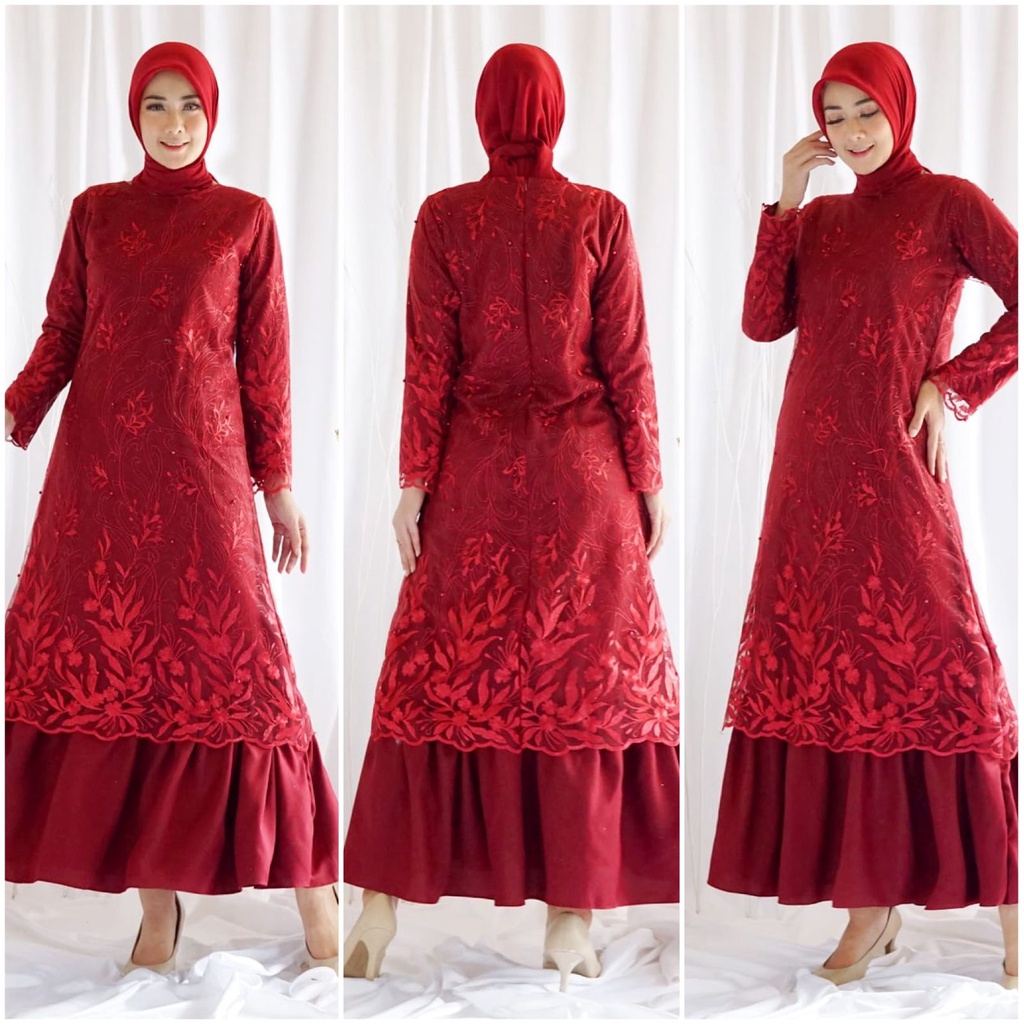 (PASTI REALPIC) Gamis FARASYA FULL Brukat Tile DEPAN BELAKANG Maxi Dress Gamis Pesta Kondangan Mewah