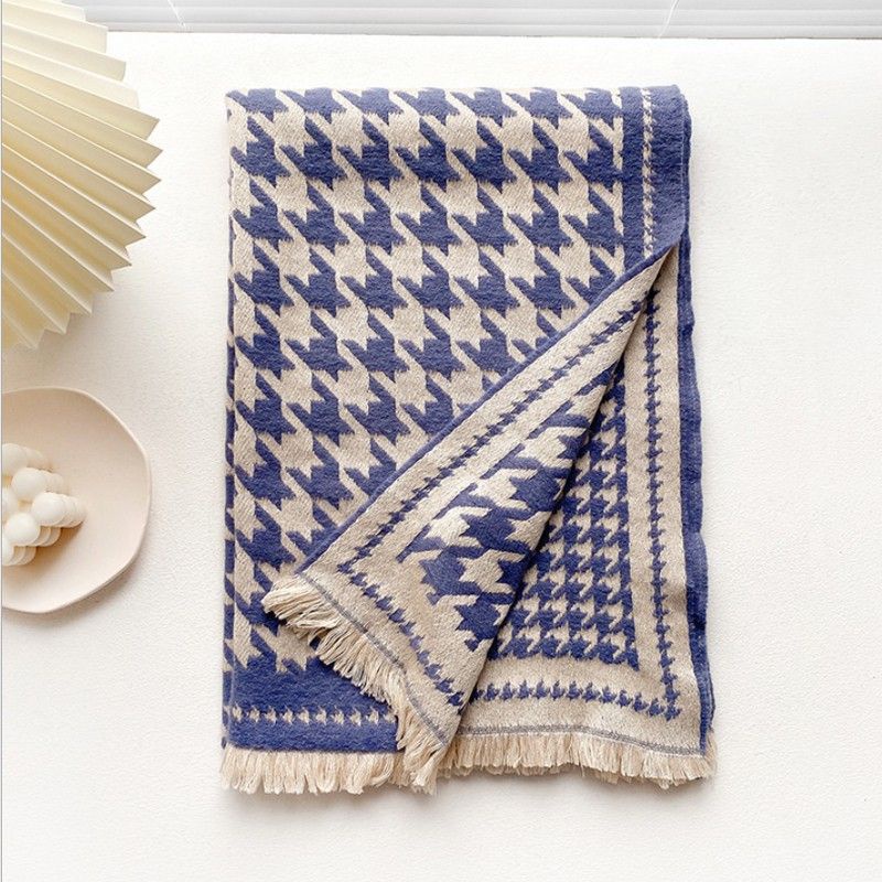 IMPORT WOMAN WINTER HOUNDSTOOTH WOOL LONG SCARF SHAWL SYAL SELENDANG PANJANG WANITA WOL MUSIM DINGIN-Biru