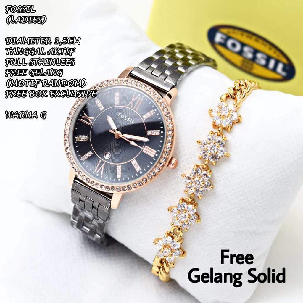 JAM TANGAN WANITA FASHION RANTAI BODY BULAT DIAMOND TANGGAL AKTIF FREE GELANG