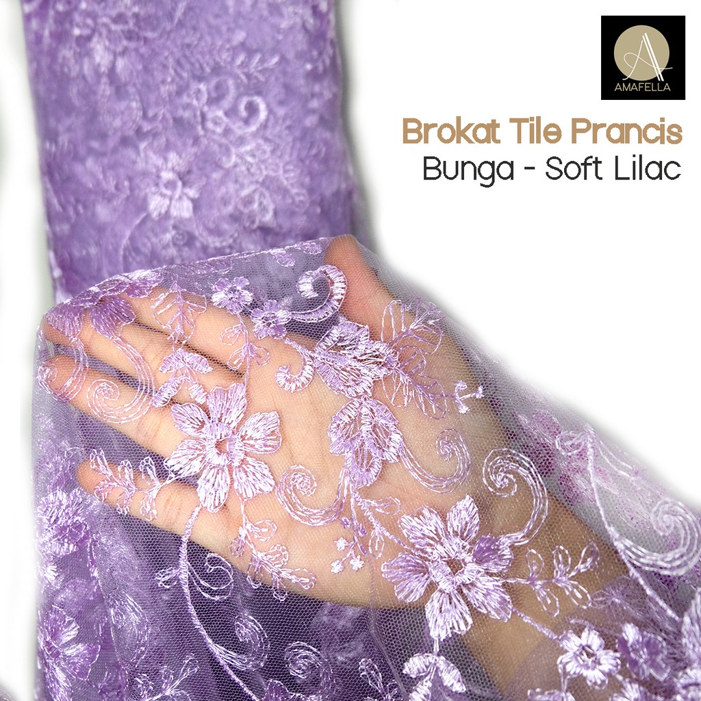 1/2 meter Kain Brokat Tile Prancis Bahan Kebaya Motif Bunga Soft Lilac