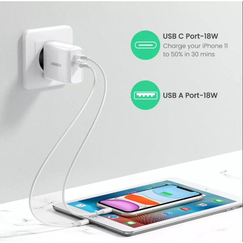 Ugreen 36W Dual USB Wall Charger PD QC 3.0 4.0 Quick Charge Power Delivery Fast Charging