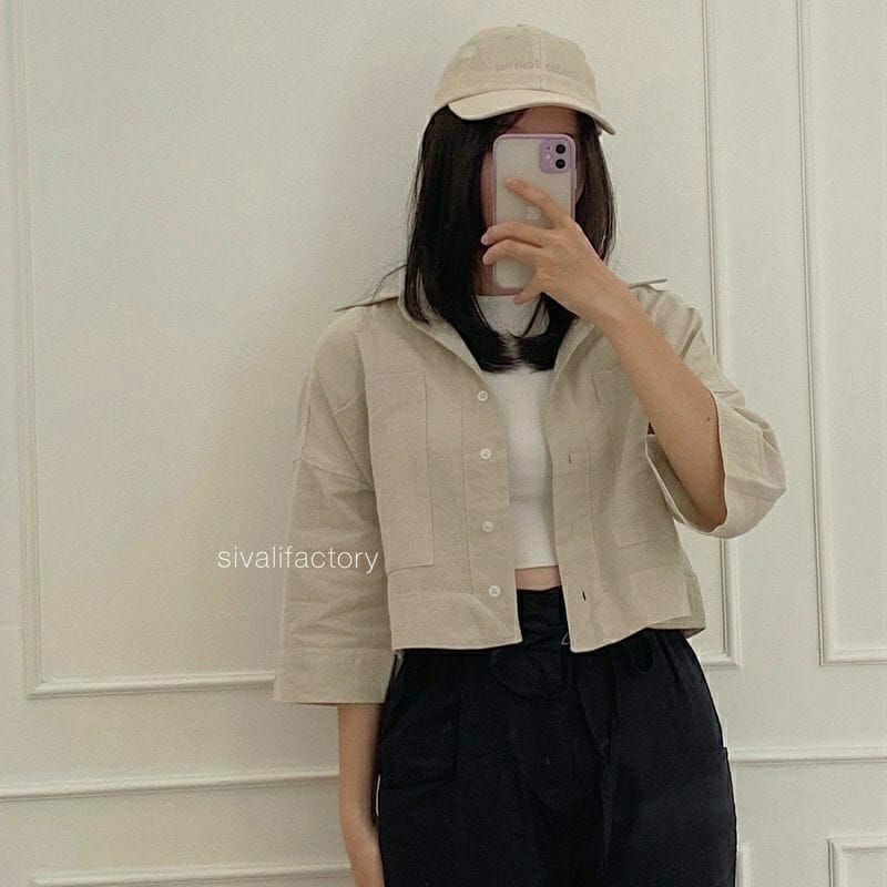 KEMEJA ATASAN WANITA CROP LINEN KEKINIAN BASIC SHIRT CROP LINEN PREMIUM